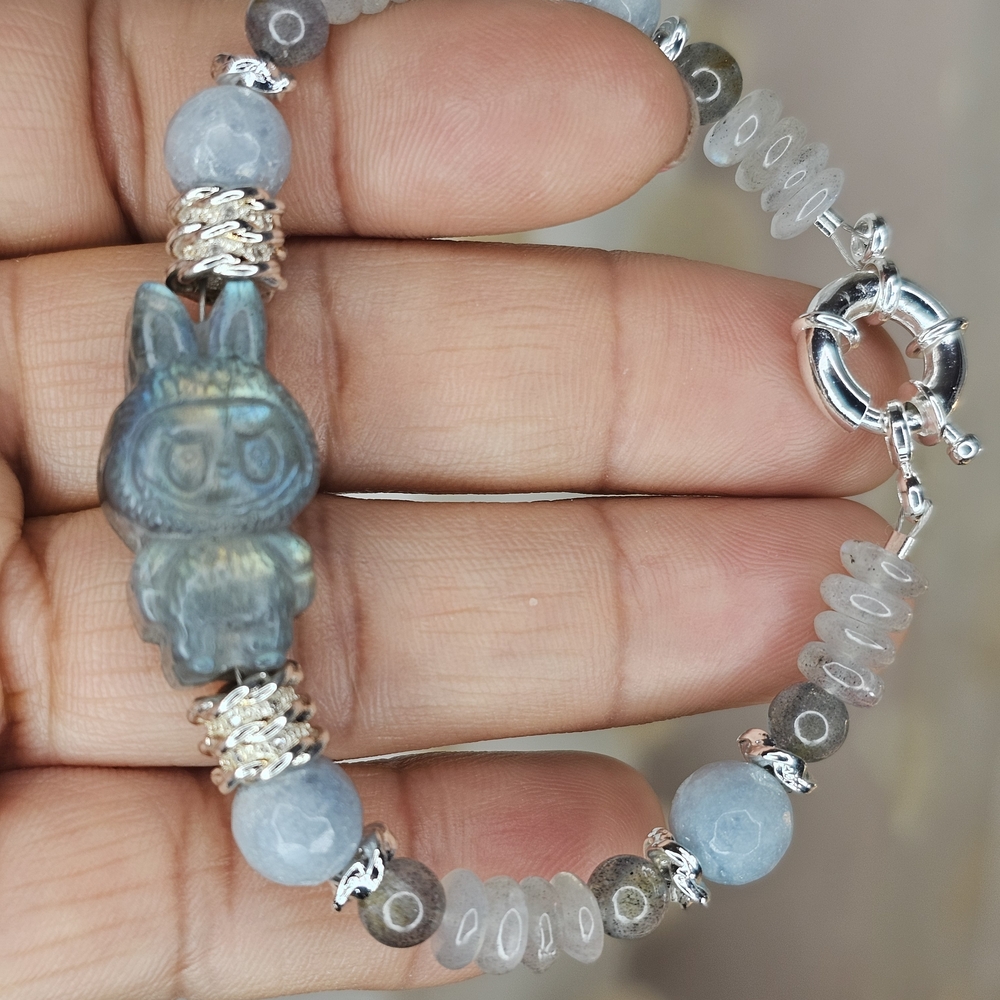 NEW Aquamarine, Labradorite Beaded Bracelet w/ Labradorite LABUBU Charm